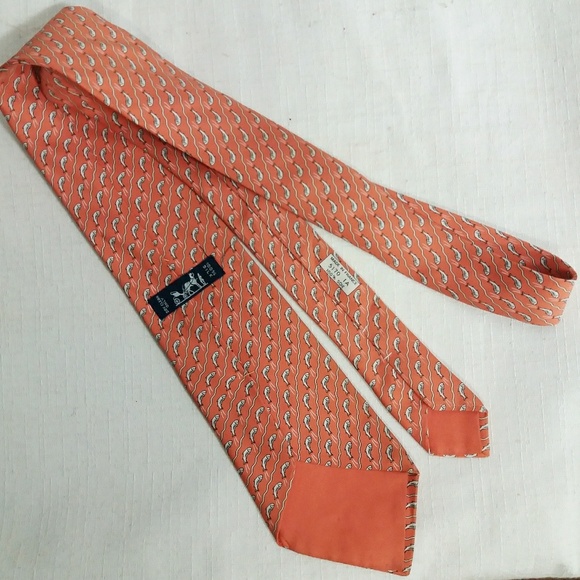 Hermès orange silk necktie 5170 IA leaping fish - Picture 2 of 5